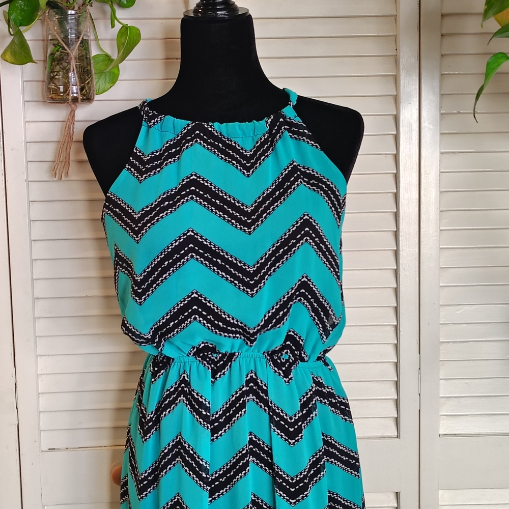 TeenPlo Aqua Teal & Black Chevron Sleeveless Maxi Dress Size S – Like New - Picture 5 of 11